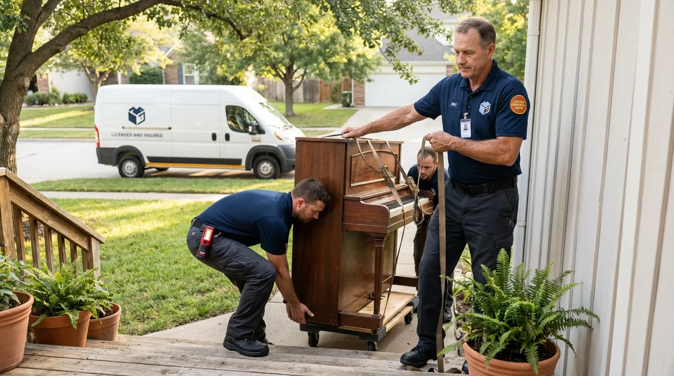Licensed piano movers securing grand piano in Mount Prospect, IL