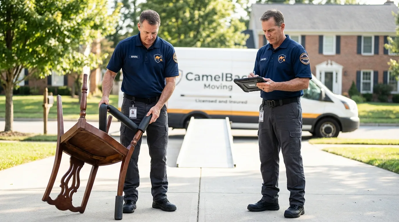 Movers inspecting furniture for damage prevention before loading in Mount Prospect, IL