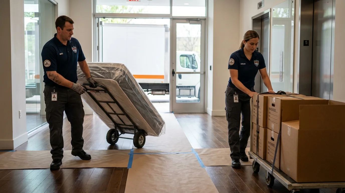 Professional apartment movers loading elevator in Mount Prospect, IL